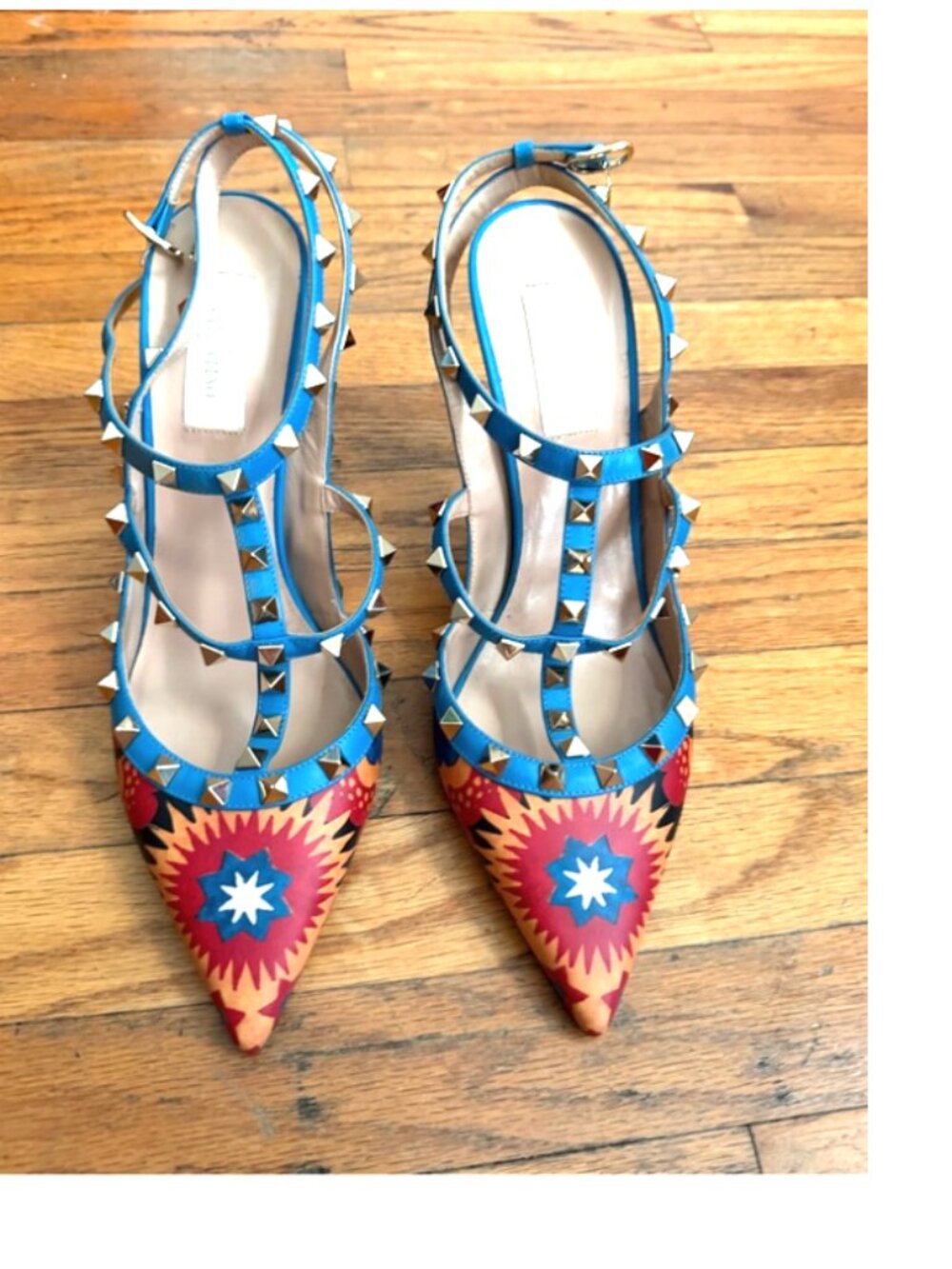 Valentino Blue Strappy Studded Pointed Pumps with Multicolor Starburst